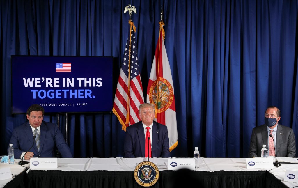 U.S. President Donald Trump holds a “COVID-19 Response and Storm Preparedness” event at the Pelican Golf Club in Belleair, Florida