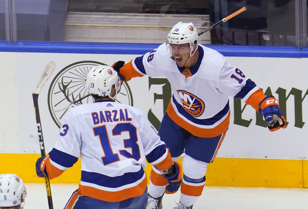 New York Islanders center Mathew Barzal (13) wears a Hockey Fights Cancer  jersey as he warms up before an NHL hockey game against the Florida  Panthers, Saturday, Nov. 9, 2019, in New