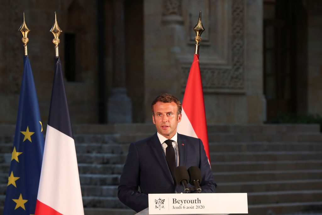 French President Emmanuel Macron holds a news conference in Beirut