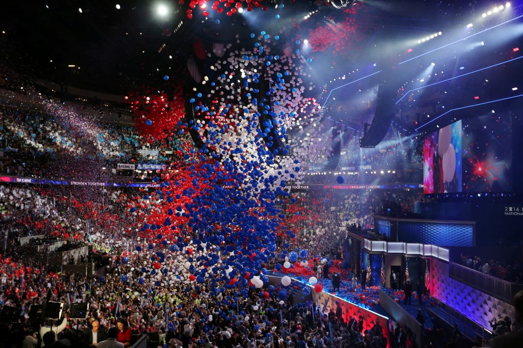 FILE PHOTO: Balloons drop at the conclusion of the Democratic National Convention in Philadelphia