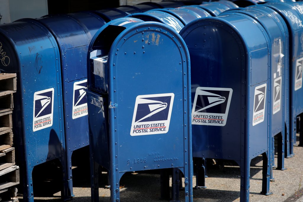 United States Postal Service (USPS) mailboxes are seen stored outside a USPS post office facility in the Bronx New York