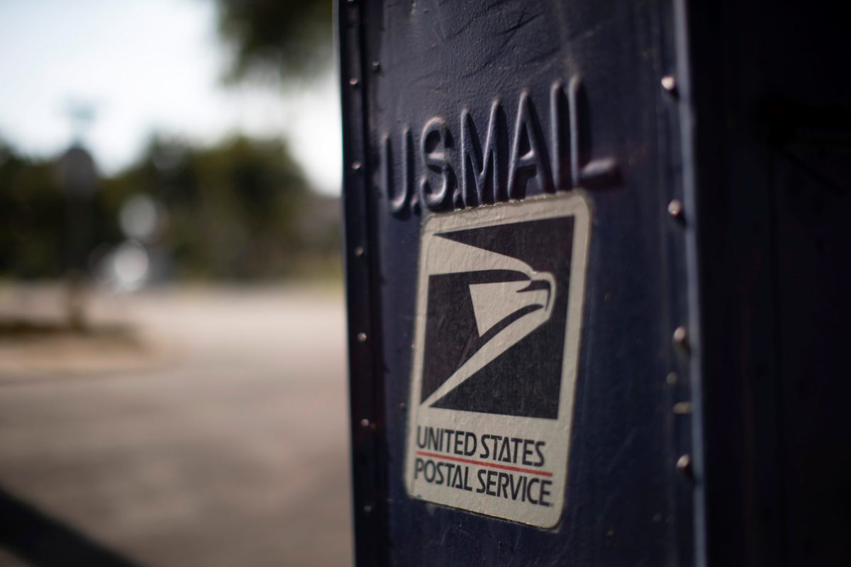 A United States Postal Service (USPS) mailbox is pictured in Pasadena