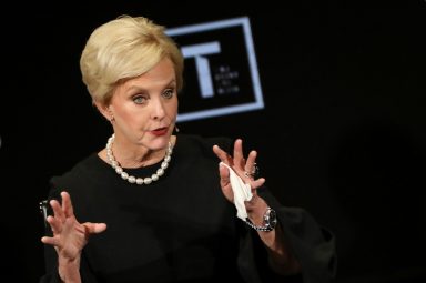 Cindy McCain, Chairman of the board of The McCain Institute for International Leadership, speaks on stage at the Women In The World Summit in New York