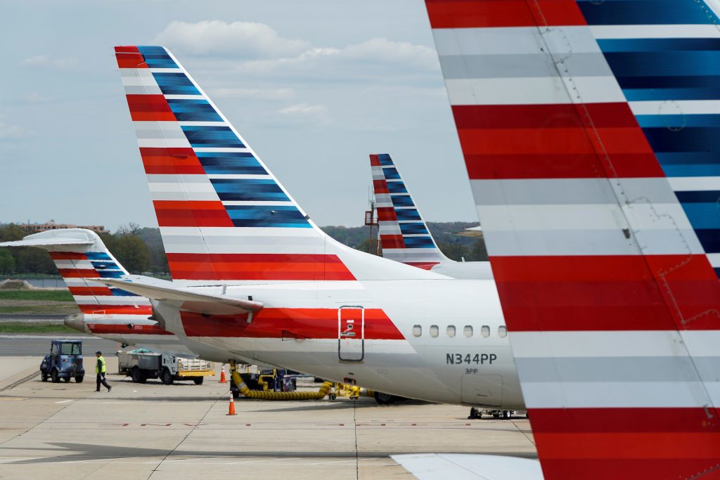 FILE PHOTO: FILE PHOTO: American Airlines planes are parked at the gate during the coronavirus disease (COVID-19) outbreak  in Washington