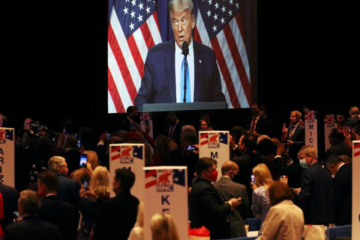 U.S. President Donald Trump speaks to delegates in the Charlotte Convention Center’s Richardson Ballroom in Charlotte