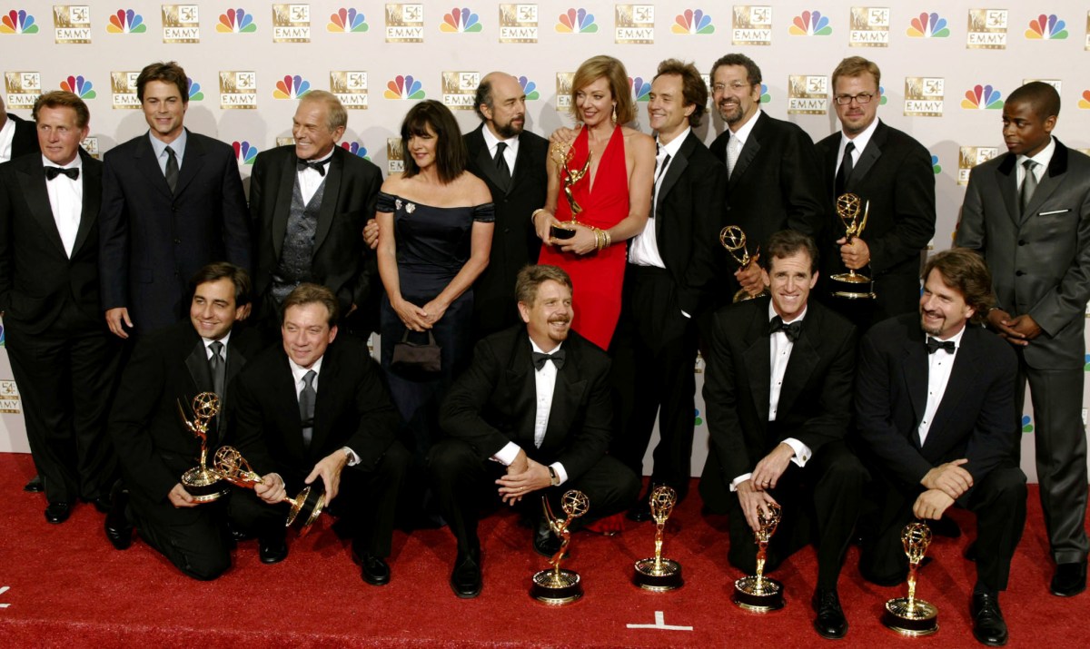 FILE PHOTO: THE WEST WING CAST AND CREW SHOW OFF THEIR NUMEROUS EMMY AWARDS.