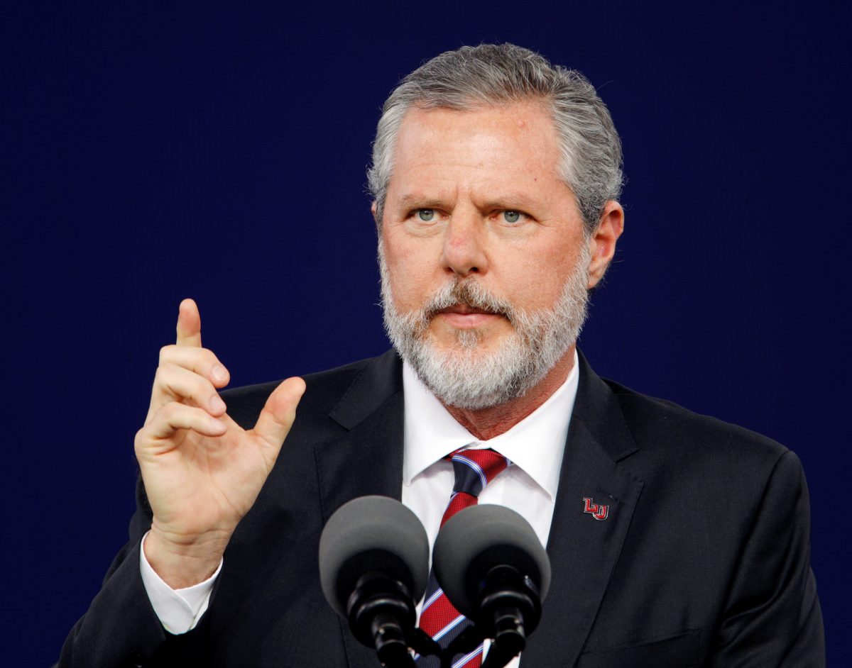 Liberty University President Jerry Falwell Jr. speaks during the school’s commencement ceremonies in Lynchburg, Virginia