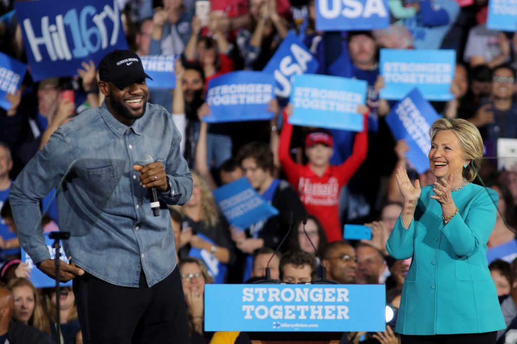 FILE PHOTO: NBA basketball player LeBron James introduces U.S. Democratic presidential nominee Hillary Clinton during a campaign rally in Cleveland