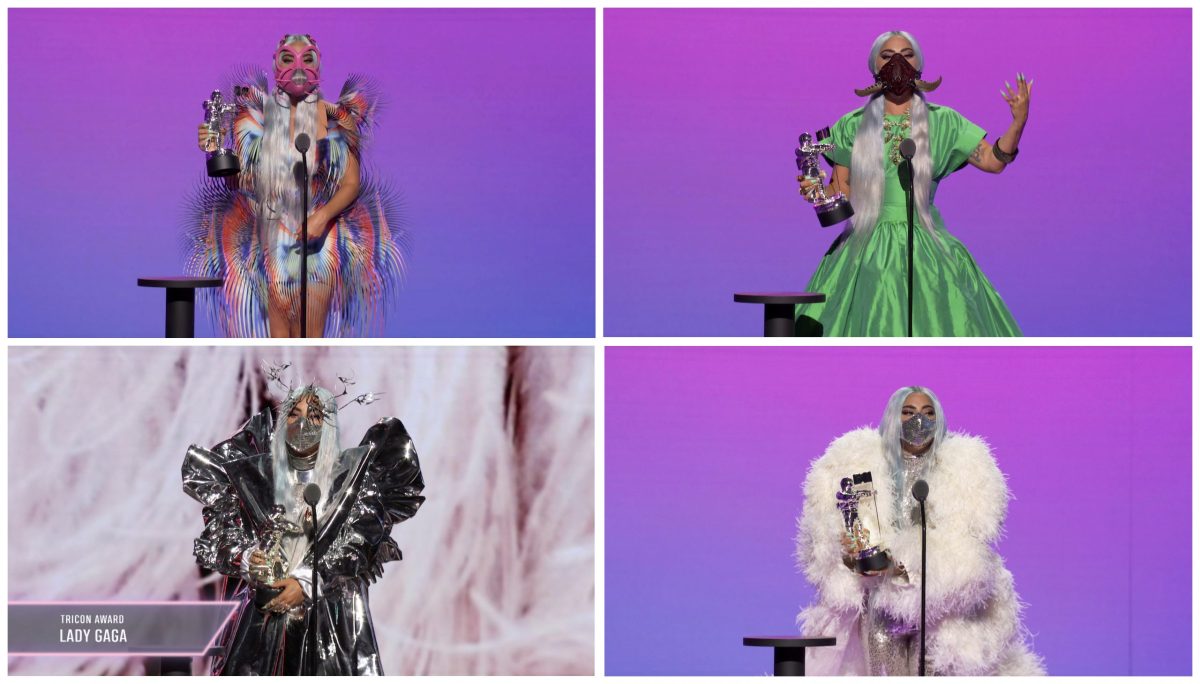 Combination picture of Lady Gaga accepting awards during the 2020 MTV VMAs