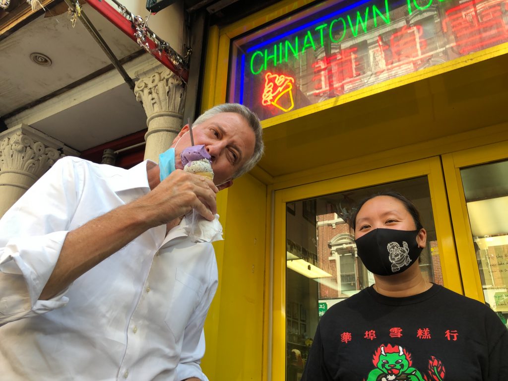 Two-scoops!  Mayor DeBlasio tastes taro before moving on to black sesame.