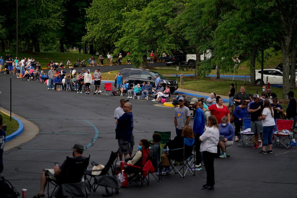 FILE PHOTO: People  wait outside Kentucky Career Center in Frankfort