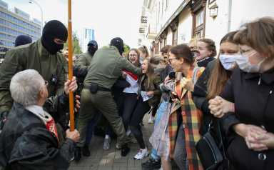 Masked thugs in Belarus detain dozens of protesters at rallies against autocrat 21 Women take part in a rally against police brutality following protests to reject the presidential election results in Minsk