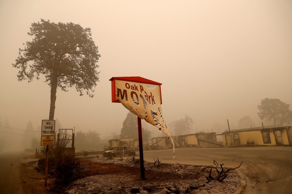 The remains of a fire damaged hotel sit, in the aftermath of the Beachie Creek fire in Gates, Oregon
