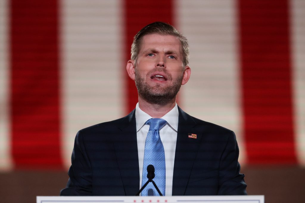 Eric Trump delivers a pre-recorded speech for the Republican National Convention broadcast at the Mellon Auditorium in Washington