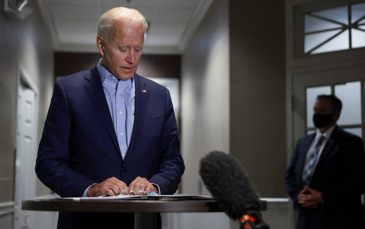 Democratic U.S. presidential nominee Joe Biden speaks about the death of U.S. Supreme Court Associate Justice Ruth Bader Ginsburg in New Castle, Delaware