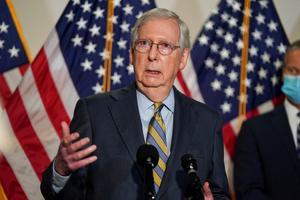 FILE PHOTO: Senate Majority Leader Mitch McConnell (R-KY) speaks to the media in Washington