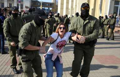 More masked thugs in Belarus detain dozens of protesters against despot 13 Belarusian opposition supporters hold a rally in Minsk