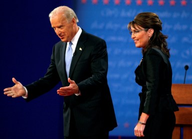 FILE PHOTO: Senator Joe Biden and Alaska Governor Sarah Palin appear onstage during the vice presidential debate in St.Louis