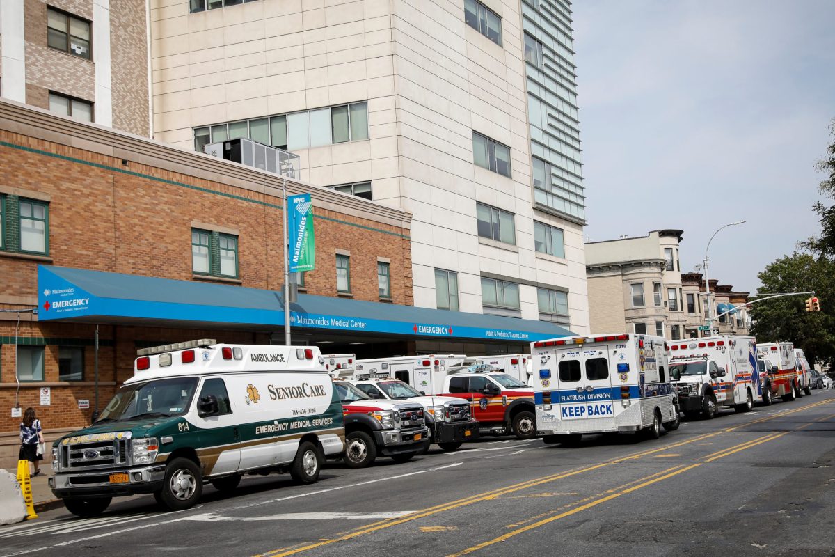 Ambulances line up outside Maimonides Medical Center, as the spread of the coronavirus disease (COVID-19) continues, in Brooklyn, New York