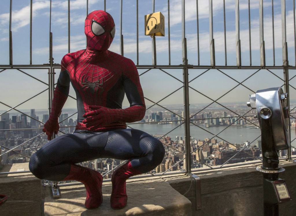 A stunt man dressed as Spider-Man