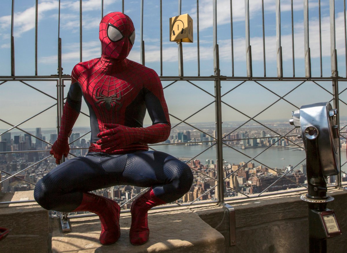 A stunt man dressed as Spider-Man