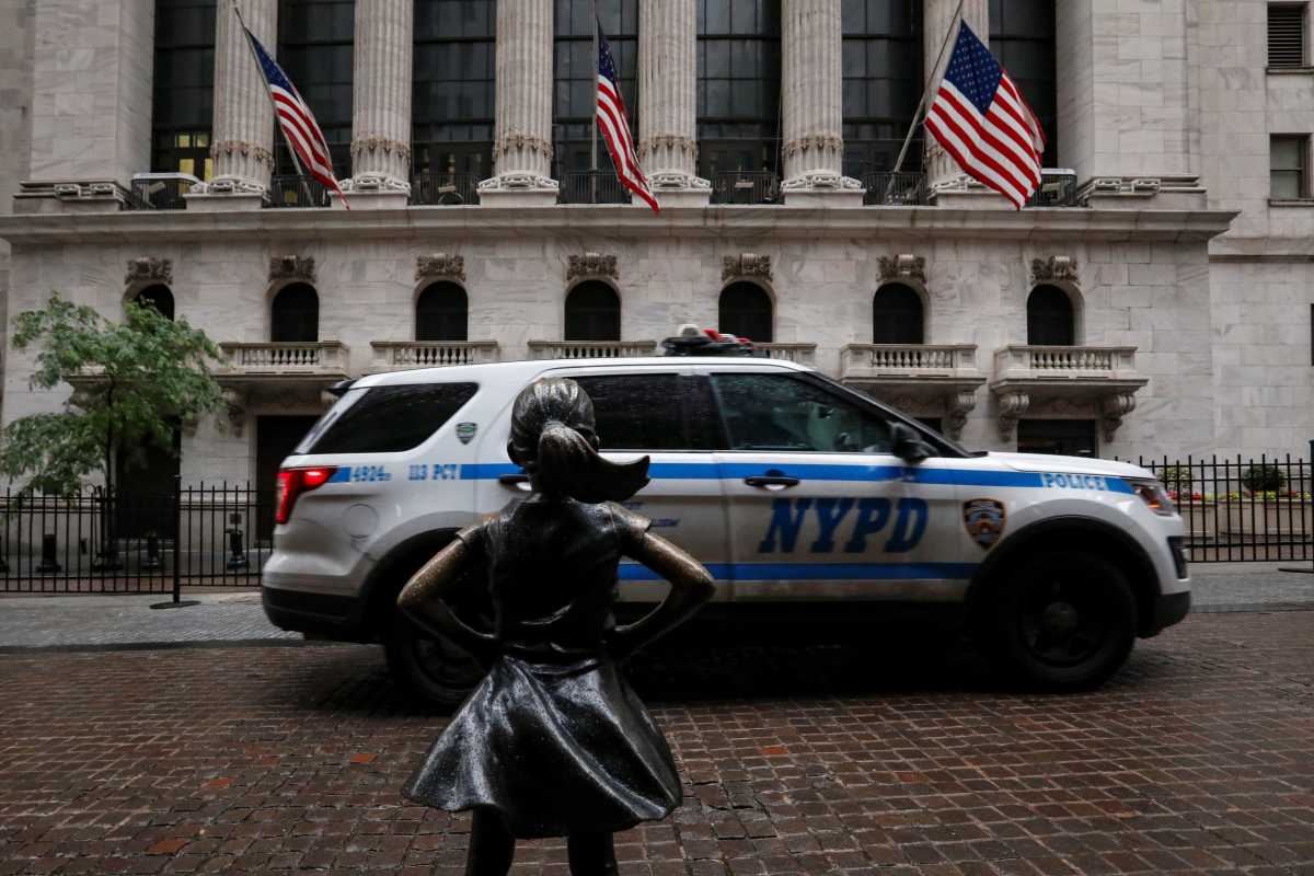 The Fearless Girl statue is seen outside the NYSE in New York
