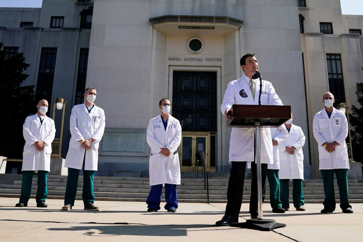 U.S. Navy Commander Dr. Sean Conley, the White House physician, speaks about U.S. President Donald Trump’s health, in Bethesda