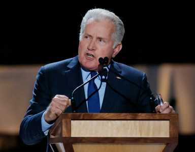 Actor Martin Sheen speaks inside Madison Square Garden where Pope Francis will give a mass later in the day in New York