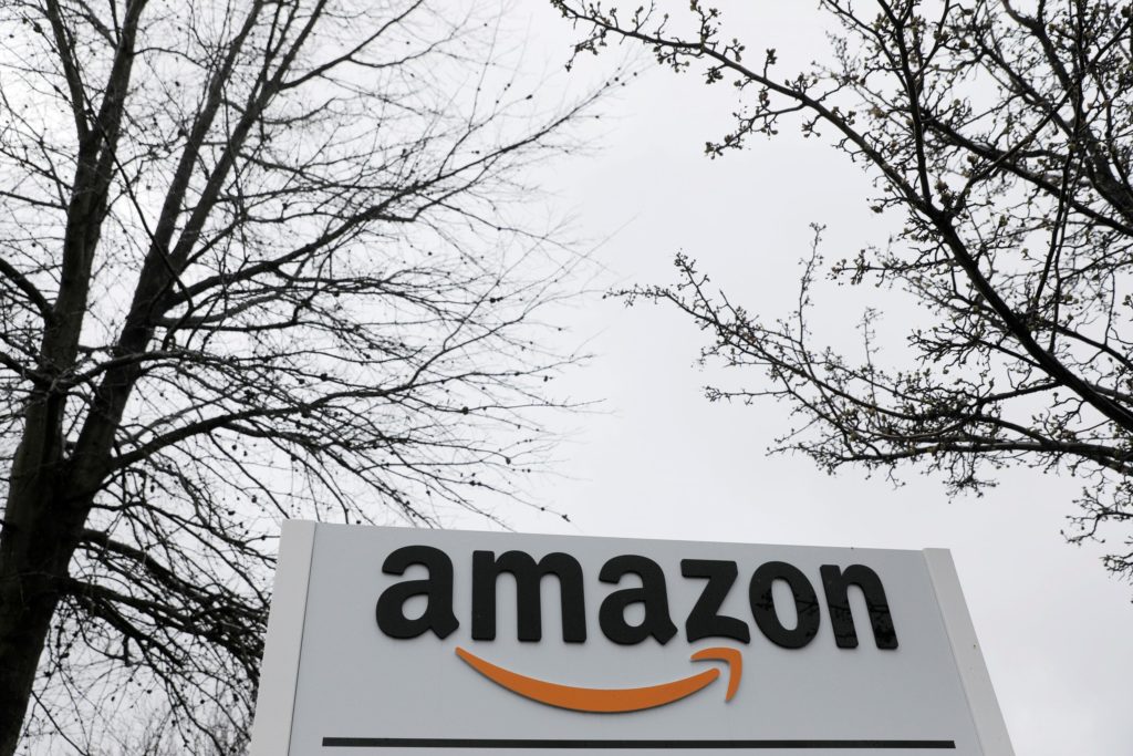 Signage is seen at an Amazon facility in Bethpage on Long Island in New York