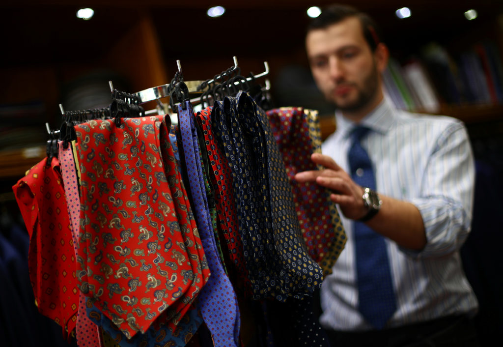 Cravats and bow ties are displayed for sale in the Dege & Skinner tailors on Savile Row, amid the coronavirus disease (COVID-19) outbreak, in London