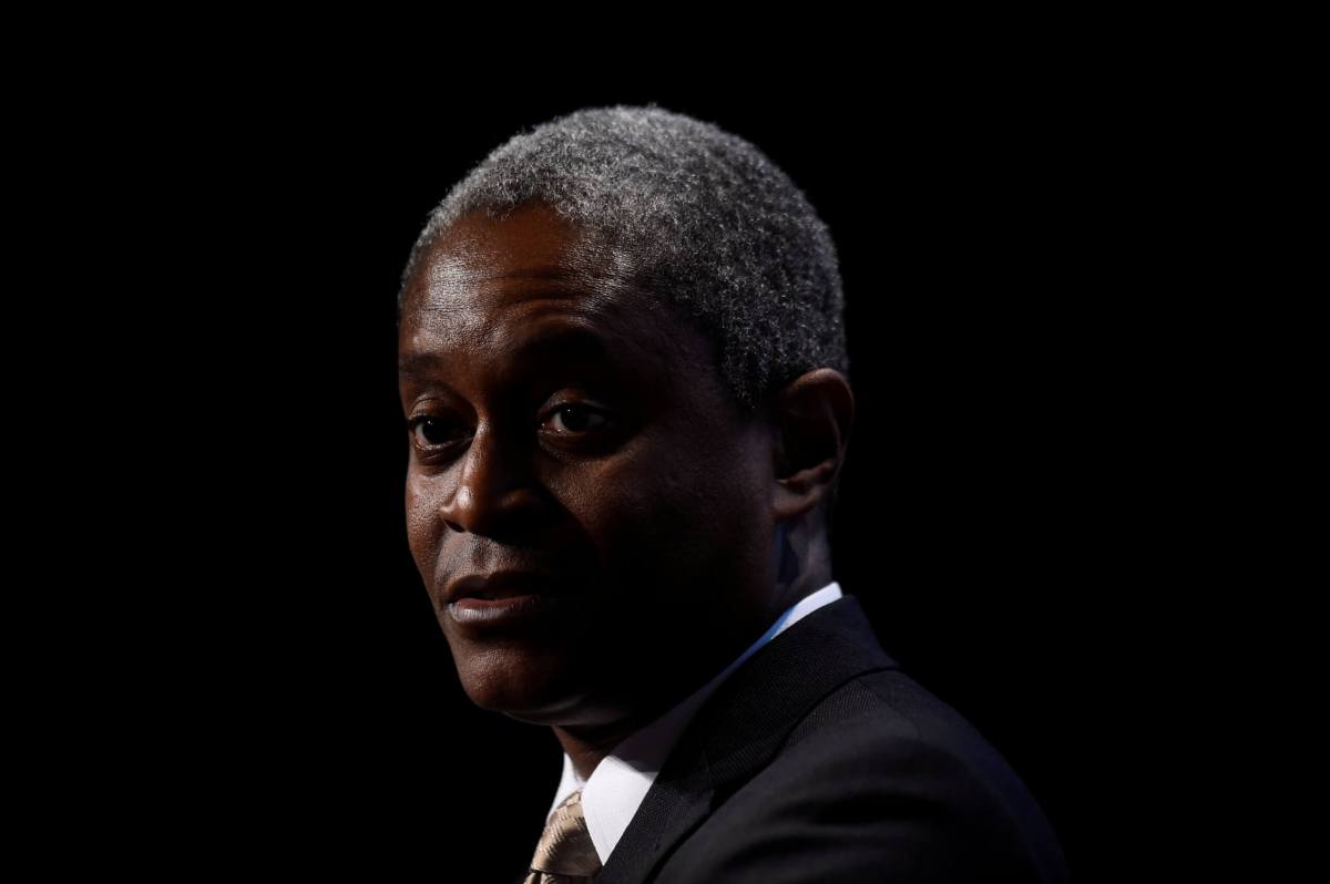 FILE PHOTO: President and Chief Executive Officer of the Federal Reserve Bank of Atlanta Raphael Bostic speaks at a 2019 European Financial Forum event in Dublin