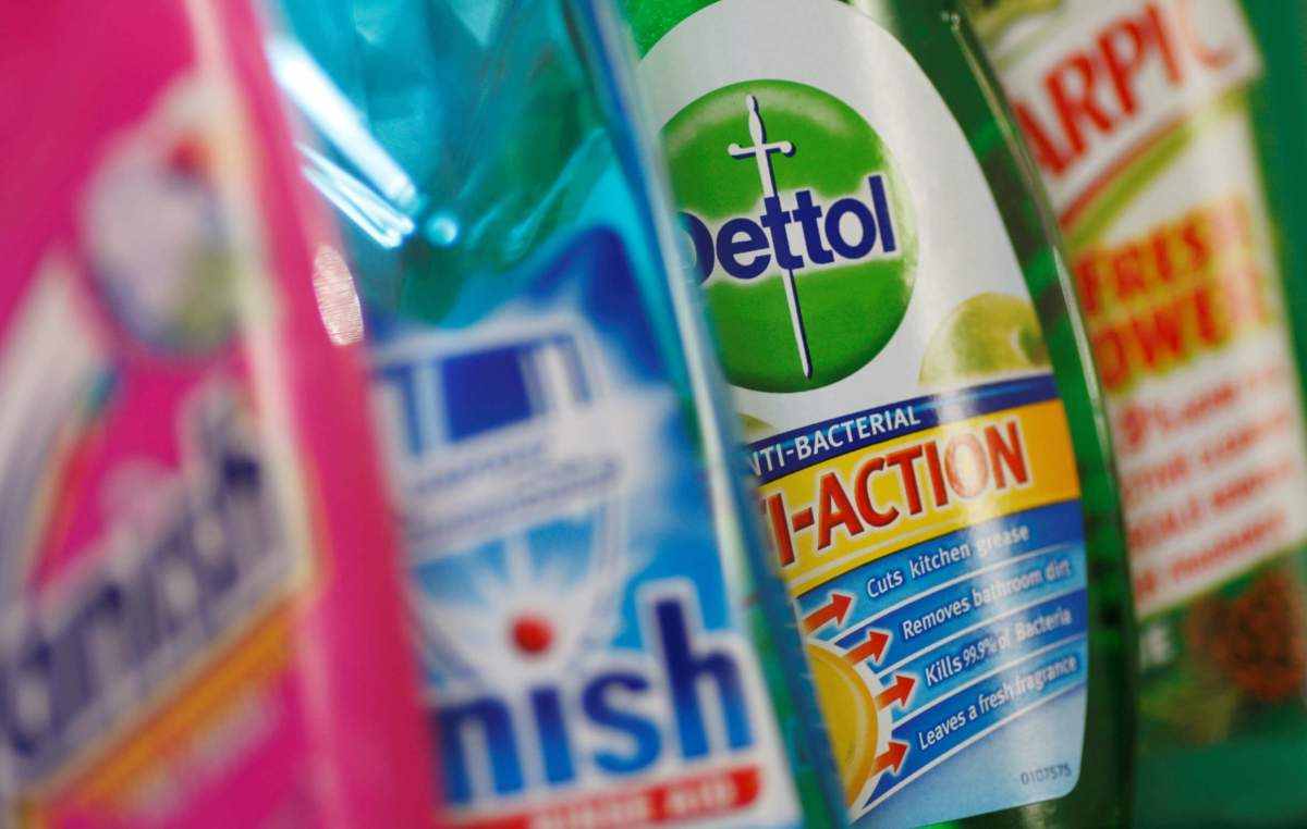FILE PHOTO: Products produced by Reckitt Benckiser; Vanish, Finish, Dettol and Harpic are seen in London