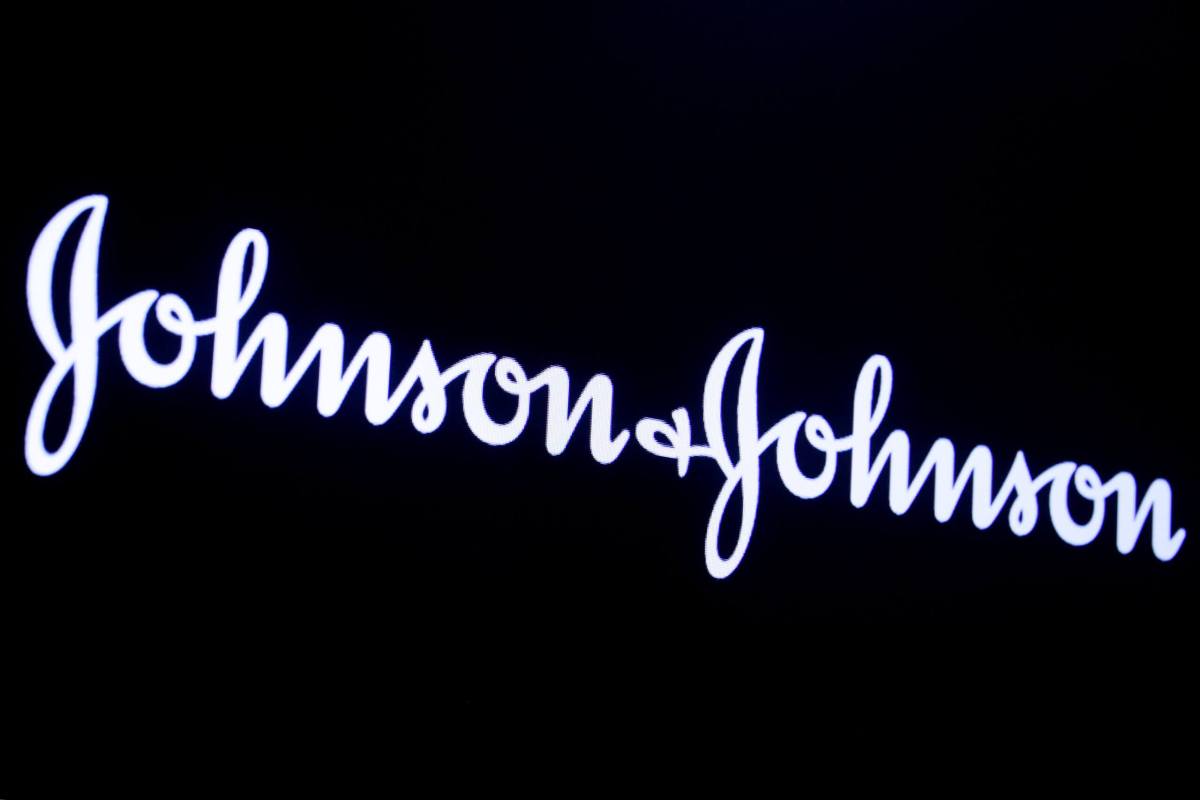 The company logo for Johnson & Johnson is displayed on a screen to celebrate the 75th anniversary of the company’s listing at the NYSE in New York