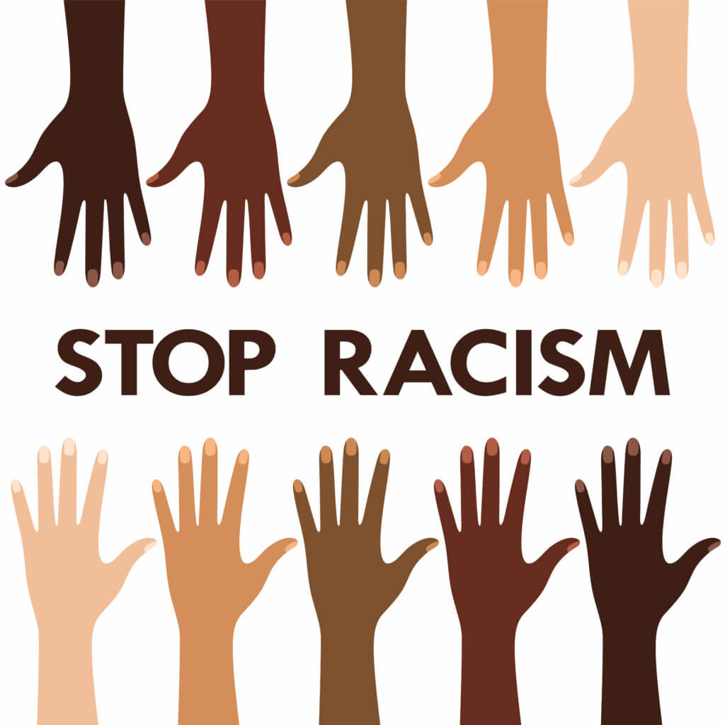 Poster against racism and discrimination with hands with different skin color