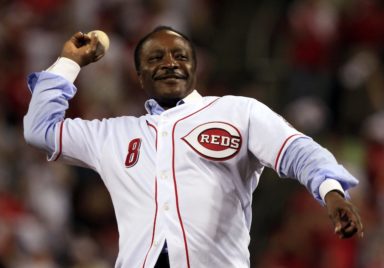 Cincinnati Reds great Morgan throws out the ceremonial first pitch before the Reds take on the Philadelphia Phillies in Cincinnati