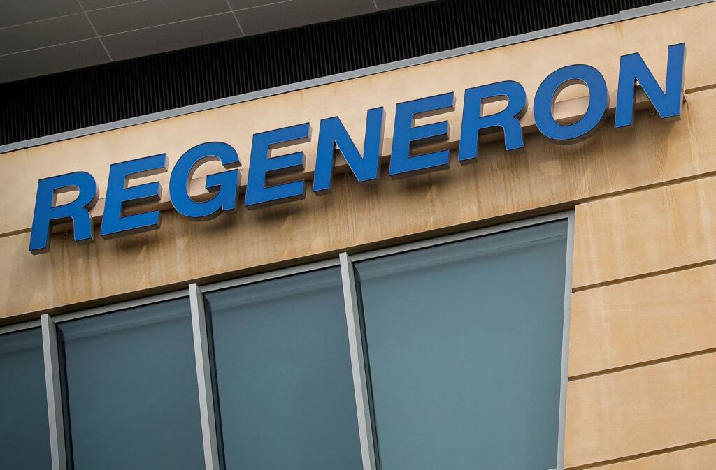 FILE PHOTO: The Regeneron Pharmaceuticals company logo is seen on a building at the company’s Westchester campus in Tarrytown, New York