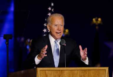 FILE PHOTO: Democratic 2020 U.S. presidential nominee Joe Biden speaks at his election rally in Wilmington