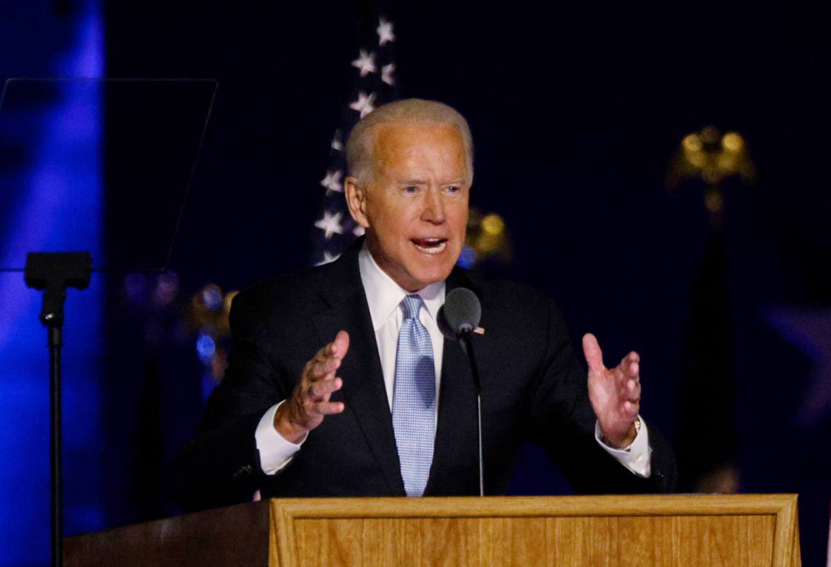 FILE PHOTO: Democratic 2020 U.S. presidential nominee Joe Biden speaks at his election rally in Wilmington