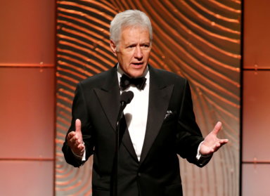 FILE PHOTO: Jeopardy television game show host Trebek speaks on stage during the 40th annual Daytime Emmy Awards in Beverly Hills