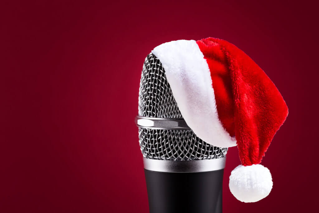 Wireless microphone with santa hat on it