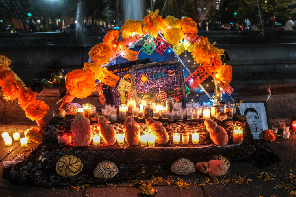 Day of the Dead alter at Washington Square Park  fountain, on  October 31.