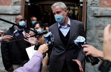 New York City Mayor Bill de Blasio speaks to media after casting ballot in early voting in Brooklyn New York