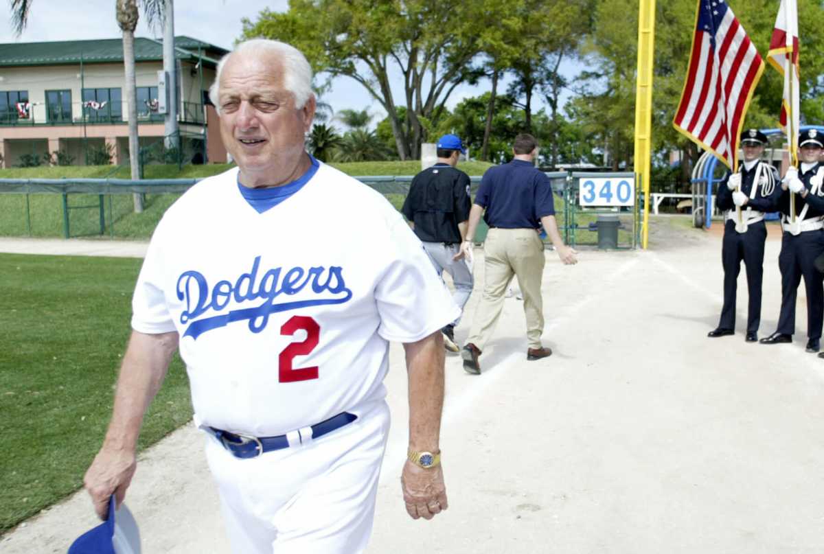 DODGERS LEGEND LASORDA ARRIVES FOR SPRING TRAINING GAME VERSUS METS.