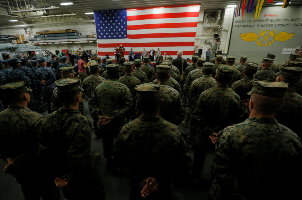 U.S. Navy Admiral Harris speaks in front of Marine  at a ceremony marking the start of Talisman Saber 2017 off the coast of Sydney