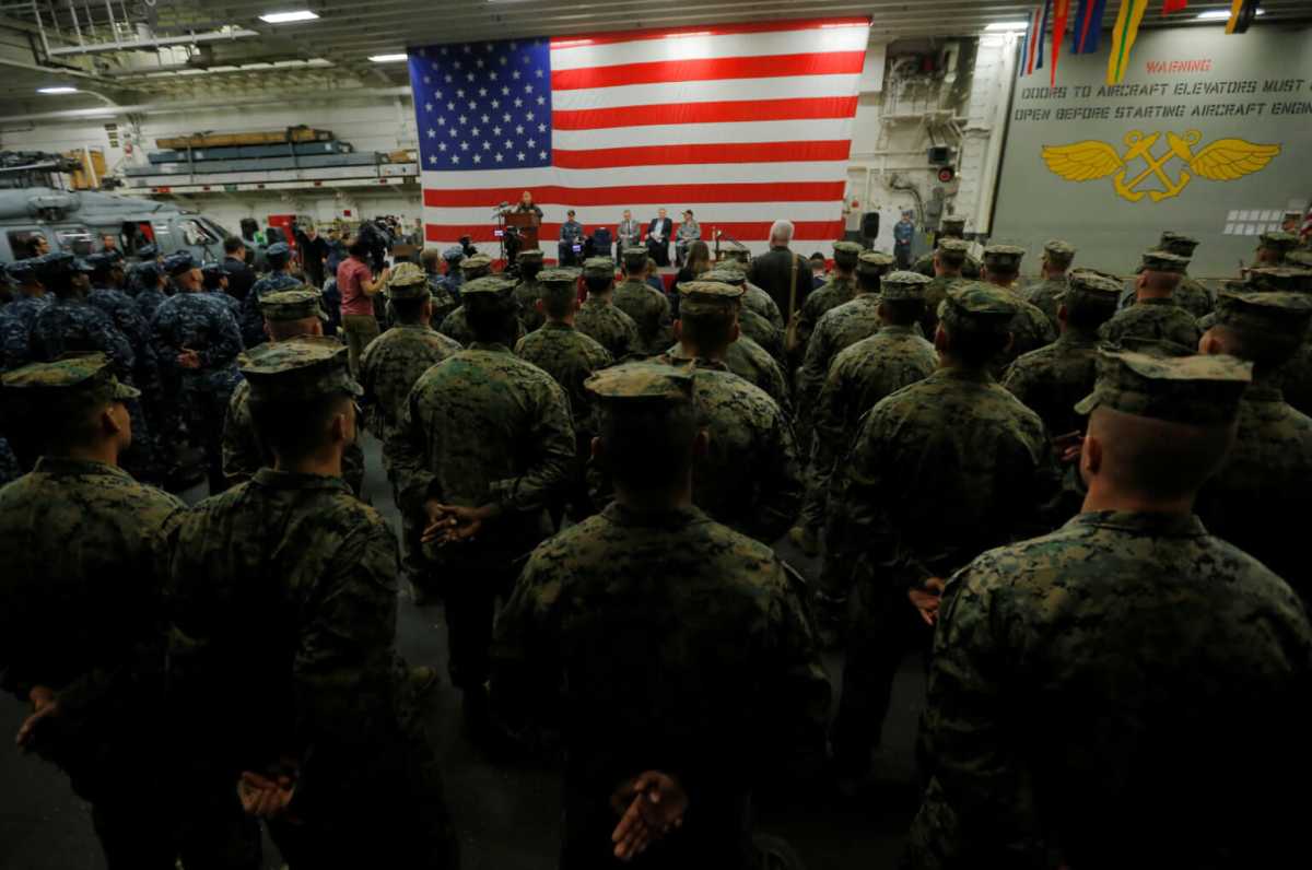 U.S. Navy Admiral Harris speaks in front of Marine  at a ceremony marking the start of Talisman Saber 2017 off the coast of Sydney