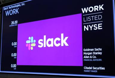 The Slack Technologies Inc. logo is seen on a display at New York Stock Exchange (NYSE) during the company’s IPO in New York