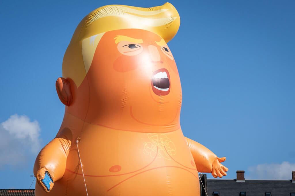 Baby Trump blimp flies at Kongens Nytorv in Copenhagen