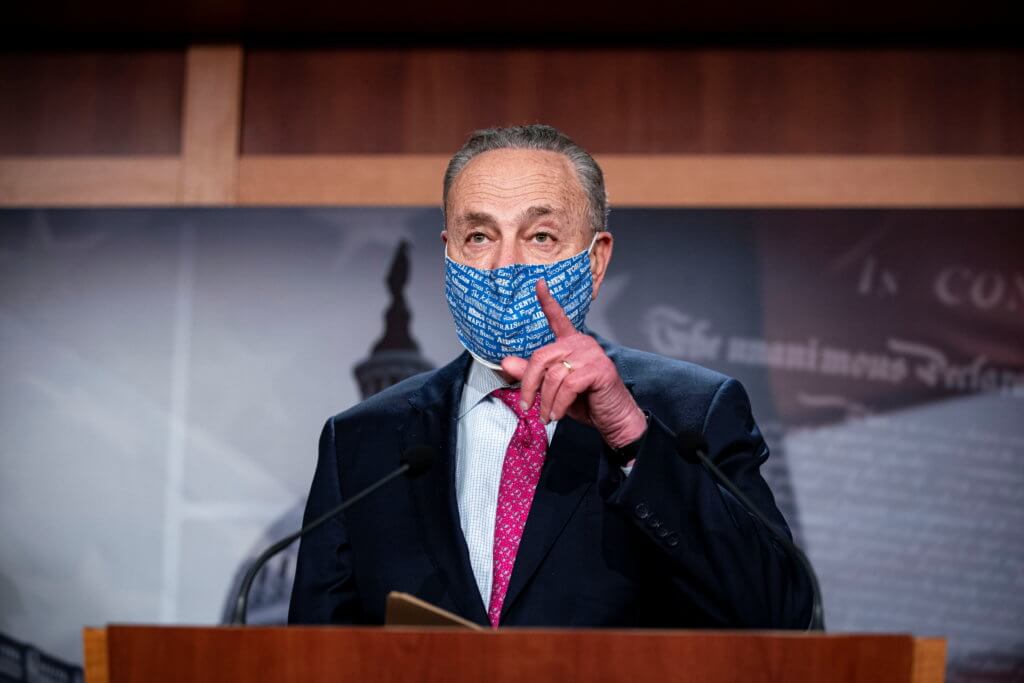 U.S. Senate Majority Leader Chuck Schumer (D-NY) speaks during a news conference in the U.S. Capitol