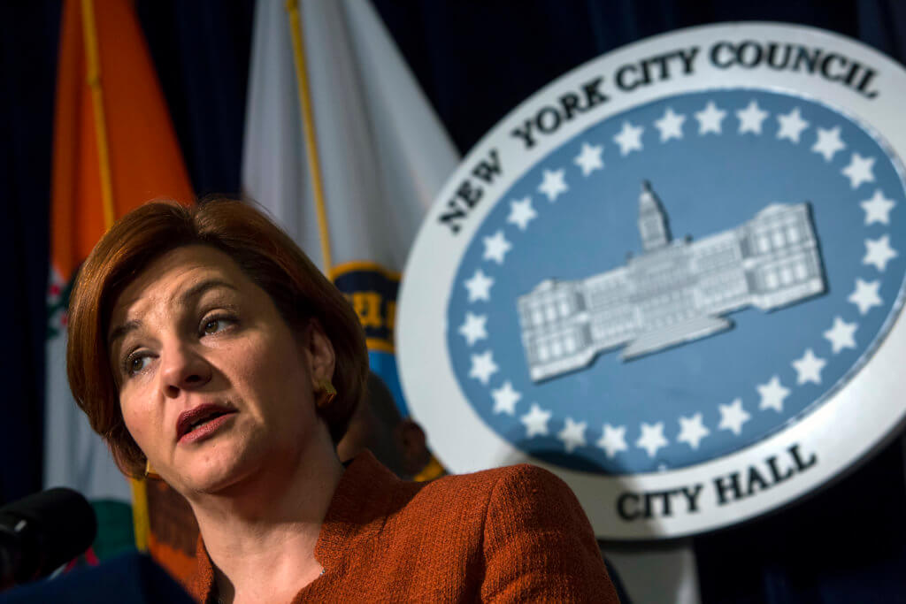 New York City Council Speaker Quinn speaks at a news conference in New York