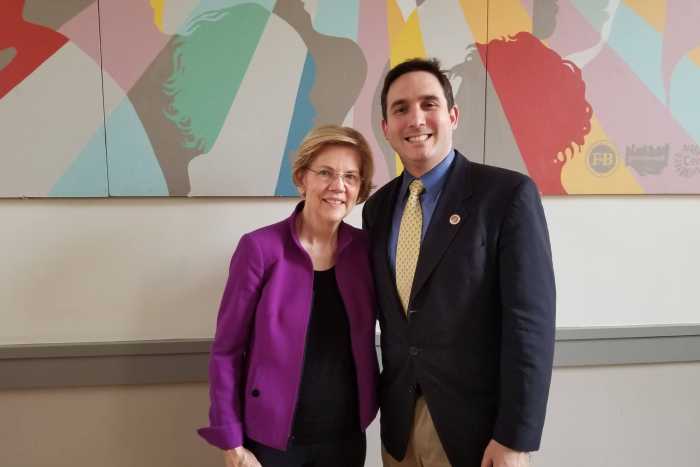 Ben Kallos poses with Elizabeth Warren after a productive meeting at the LGBT Community Center (source: office of Ben Kallos)